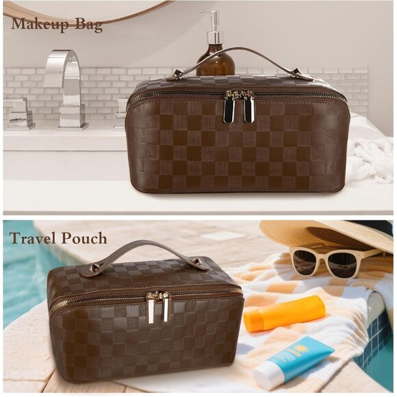 Women Brown Cosmetic Bags Travel Essentials Waterproof Portable Pouch Makeup Bag - Picture 8 of 9